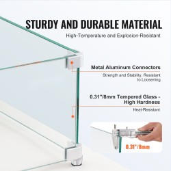 Lasinen tuulensuoja neliönmuotoiselle tulipöydälle 8 mm paksua karkaistua lasia 380×380×180 mm alumiinikulmilla