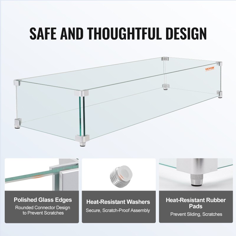 Tuulisuoja karkaistusta lasista 8 mm paksu 748x340x165 mm neliötulipöydälle