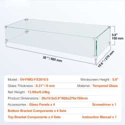 Karkaistu lasi tulipöydän tuulisuoja neliosainen 965 x 267 x 152 mm