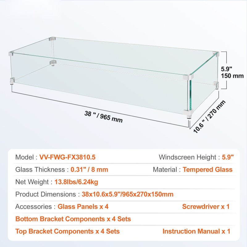 Karkaistu lasi tulipöydän tuulisuoja neliosainen 965 x 267 x 152 mm