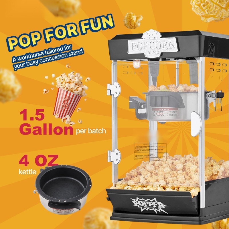 Pöytämallinen popcorn-laite 480 wattia 0,12 litran kattila 5,7 litran erä musta