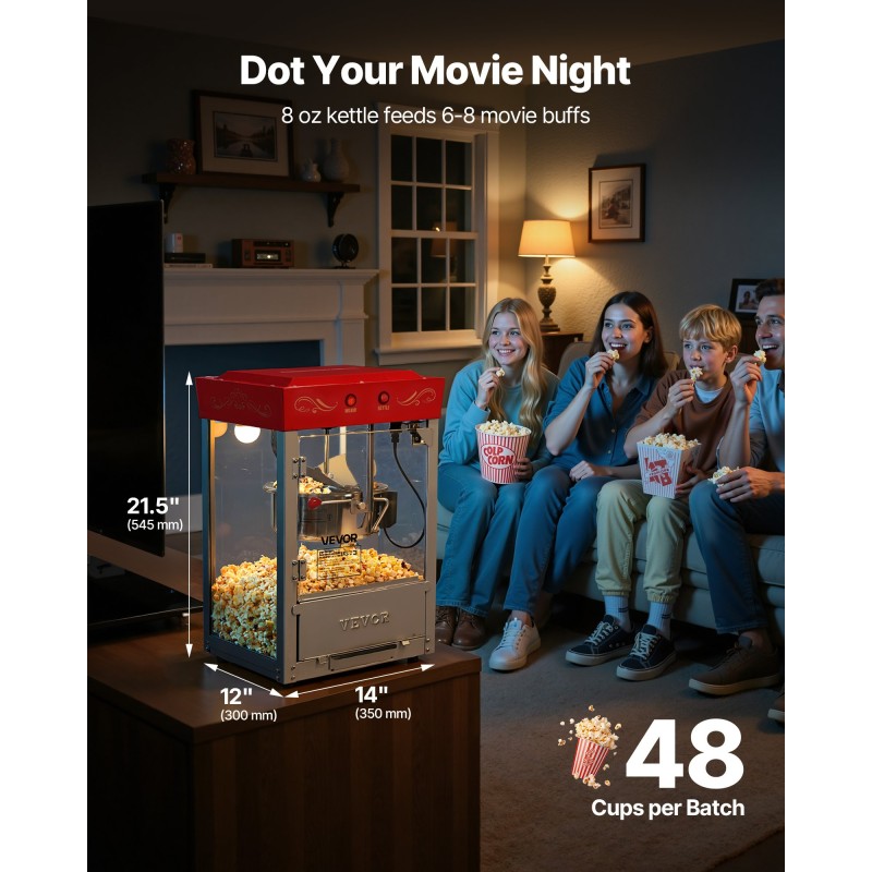 Pöytämallinen popcorn-kone 304 ruostumaton teräs 0,2 kg kattila 800W 48 kupillista