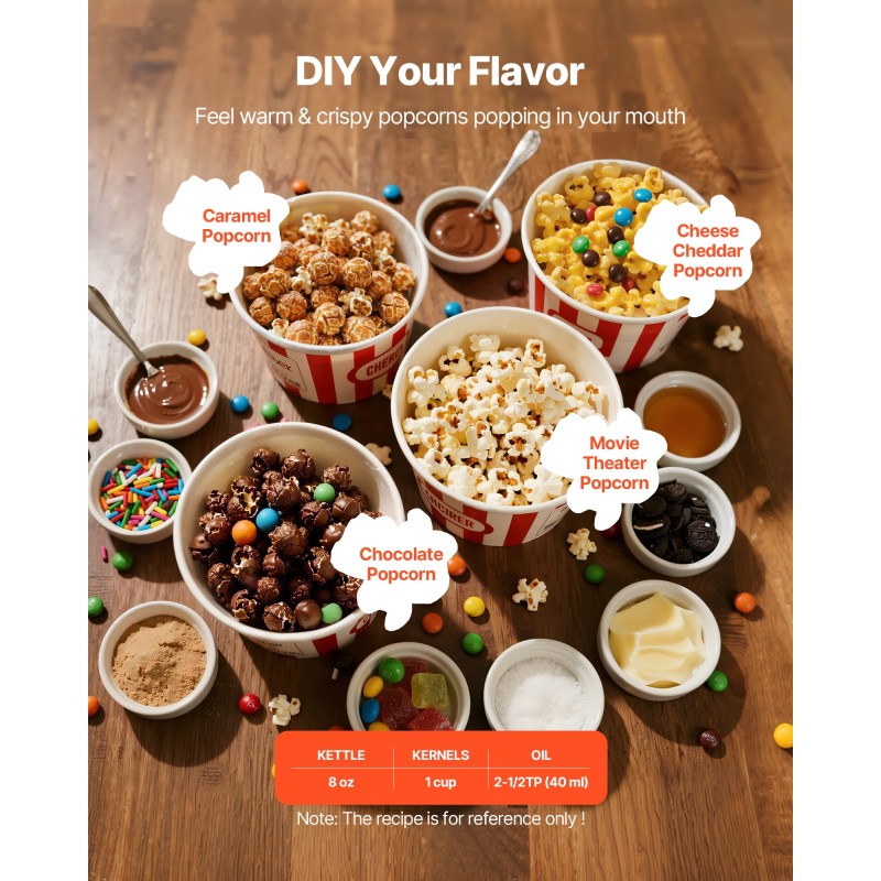 Pöytämallinen popcorn-kone 304 ruostumaton teräs 0,2 kg kattila 800W 48 kupillista