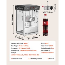 Popcorn-kone 304-ruostumaton teräs 0,2 kg kattila 800 W 48 kupillista erää kohti