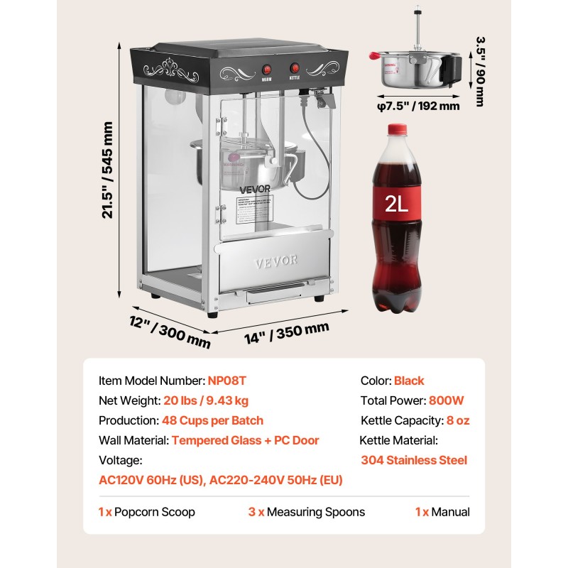 Popcorn-kone 304-ruostumaton teräs 0,2 kg kattila 800 W 48 kupillista erää kohti