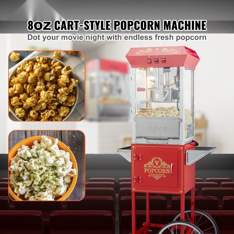 Popcorn-kone kärryllä 850 W teho 8 unssin kattila karkaistut lasiseinät punainen