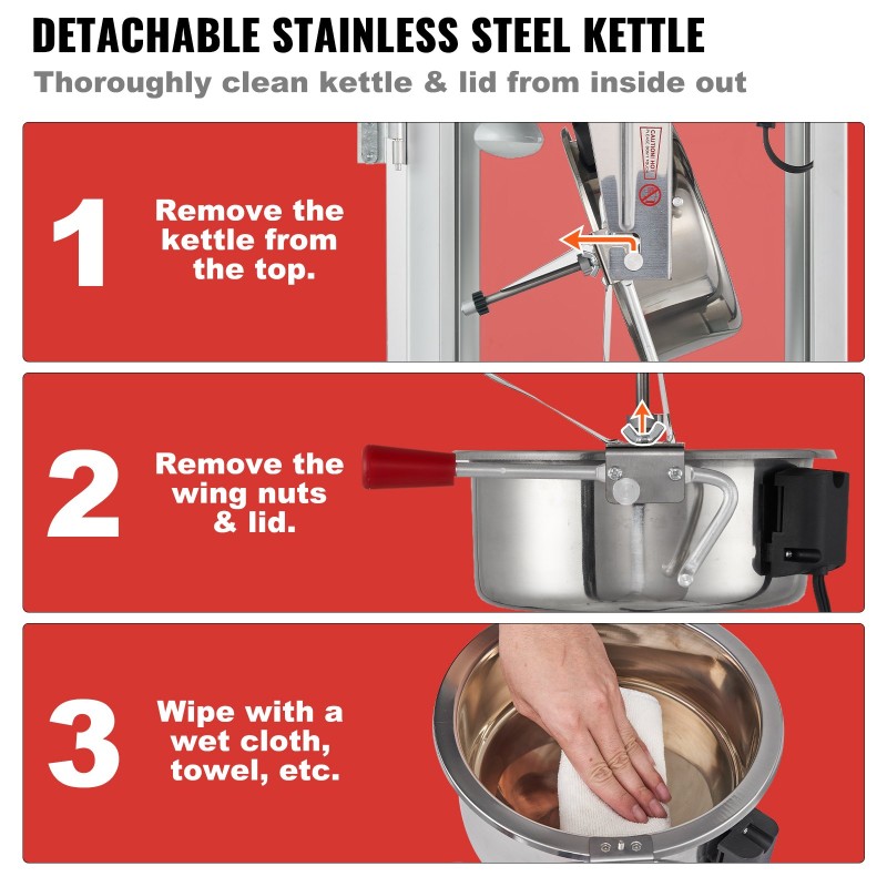 Popcorn-kone kärryllä 850 W teho 8 unssin kattila karkaistut lasiseinät punainen