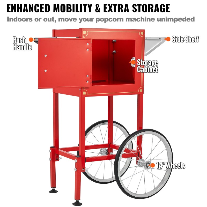 Popcorn-kone kärryllä 850 W teho 8 unssin kattila karkaistut lasiseinät punainen