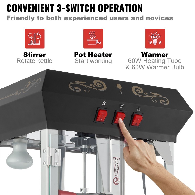 Popcornkone kärryllä 850 wattia 8 unssin kattila 48 kupin erä musta