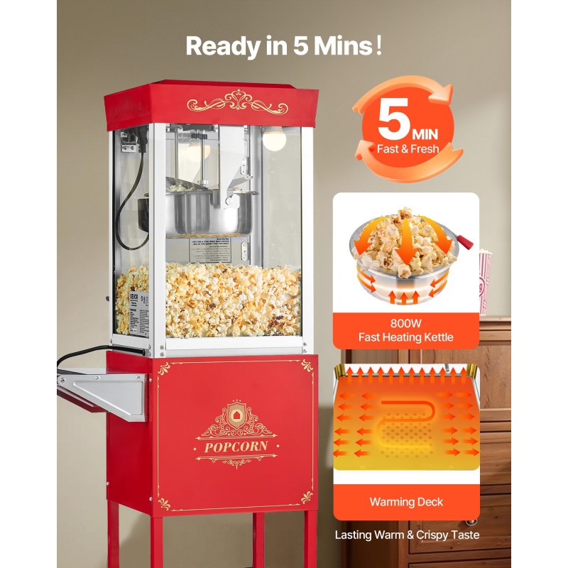 Popcorn-kone kärryllä 304-ruostumaton teräskattila 0,2 kg 800 W 48 kupillista