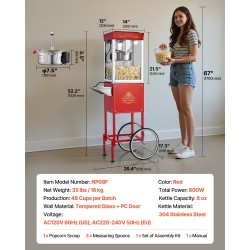 Popcorn-kone kärryllä 304-ruostumaton teräskattila 0,2 kg 800 W 48 kupillista