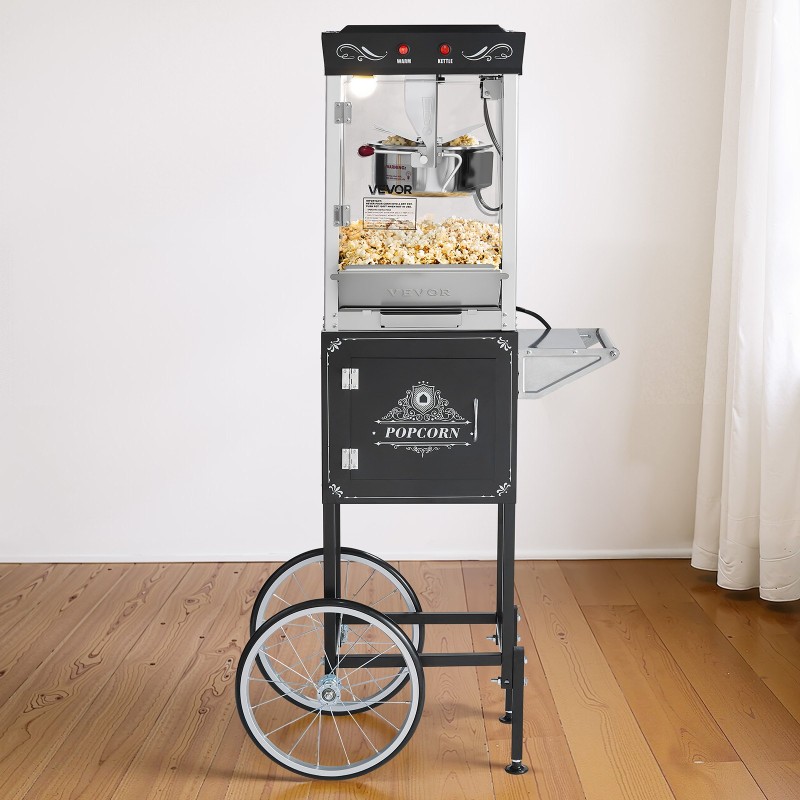 Popcorn-kone kärryllä 0,2 kg ruostumaton teräskattila 48 kuppia per erä