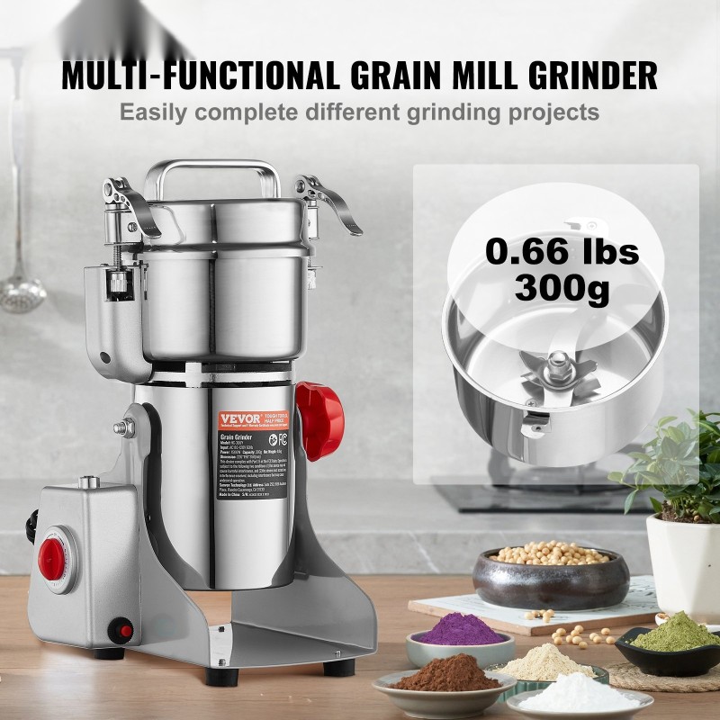 Sähköinen viljamylly 300 grammaa 1500 wattia ruostumattomasta teräksestä kuiville viljoille ja mausteille