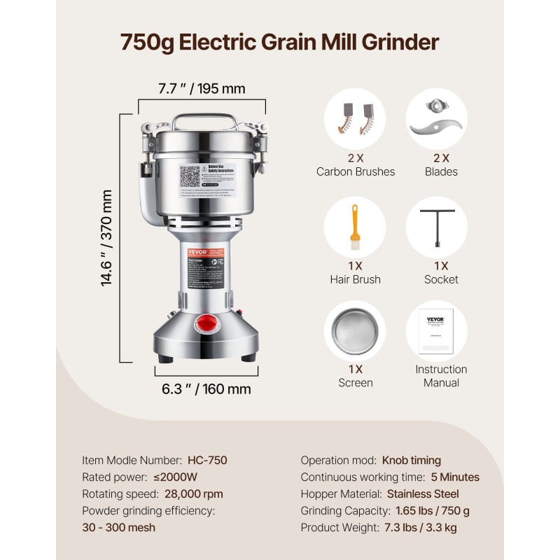 Sähköinen viljamylly 750 gramman kapasiteetti 2000 watin teho ruostumaton teräs pystymalli