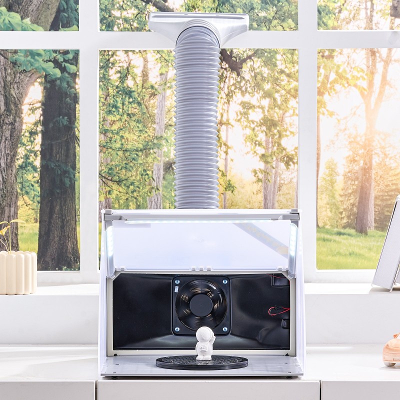 Ruiskumaalauskotelo taittuva kannettava kolmella LED-valolla ja pidennettävällä poistoletkulla pienoismalleille