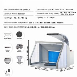 Kaksituulettiminen taitettava kannettava ruiskumaalauskotelo kolmella LED-valolla ja 170 cm poistoletkulla