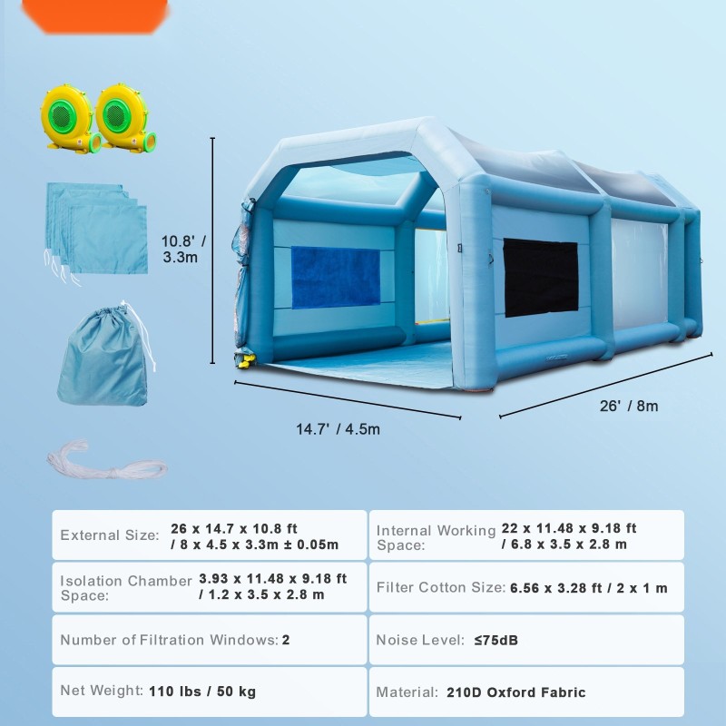 Ilmatäytteinen maalausteltta 210D oxfordkangas 8 x 4,5 x 3,3 m kahdella puhaltimella