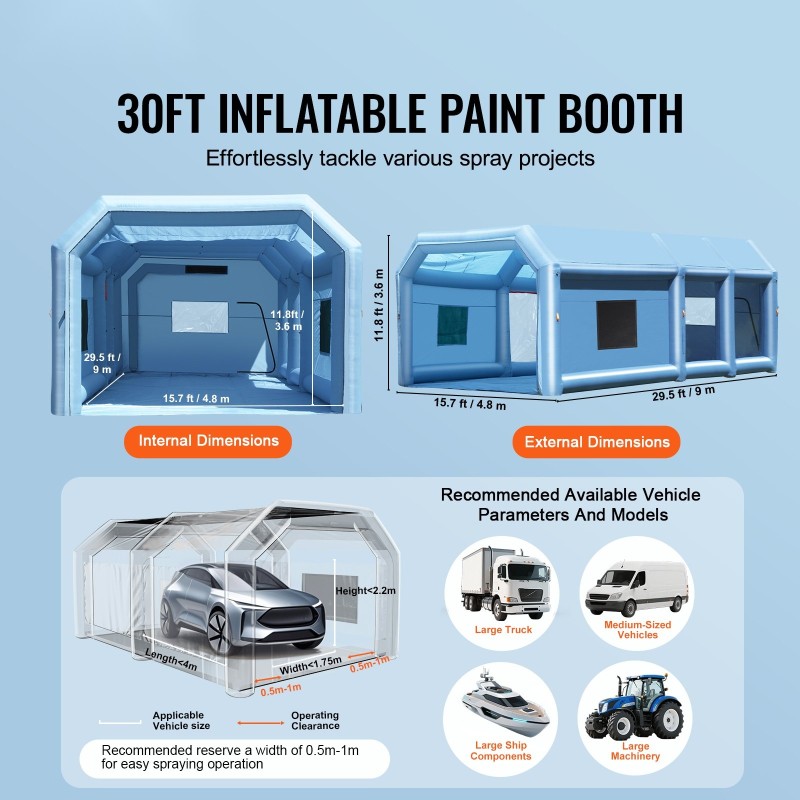 Puhallettava maalauskoppi Oxford-kangas koko 9 x 4.8 x 3.6 m kaksoissuodatus
