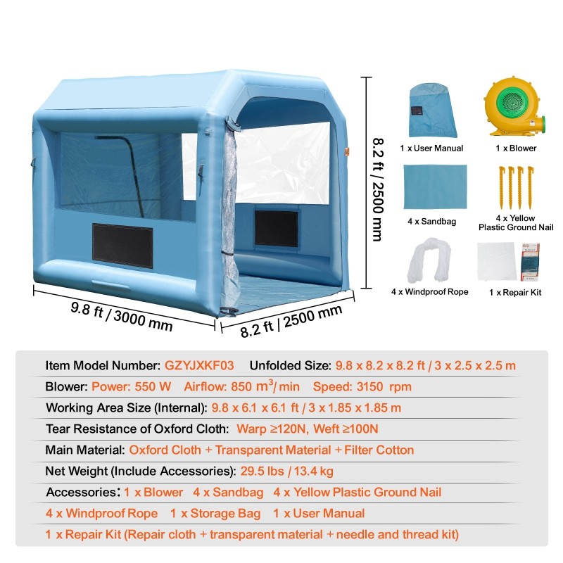 Puhallettava maalausteltta Oxford-kangasta 3 x 2.5 x 2.5 m moottoripyörille 550 W