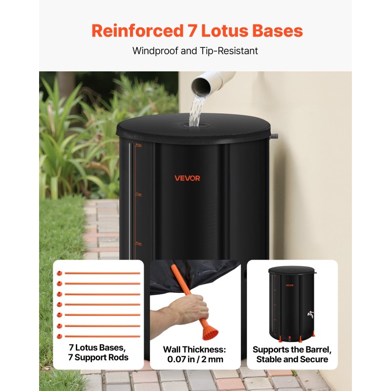 Taitettava sadevesitynnyri 380-litrainen 1000D PVC-materiaalinen musta hana ja mittaputki