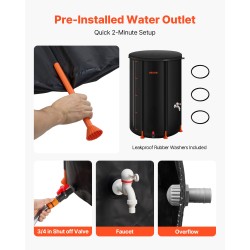 Taitettava sadevesitynnyri 380-litrainen 1000D PVC-materiaalinen musta hana ja mittaputki