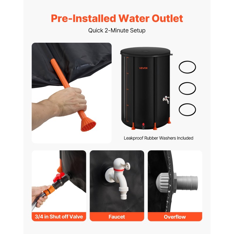 Taitettava sadevesitynnyri 380-litrainen 1000D PVC-materiaalinen musta hana ja mittaputki