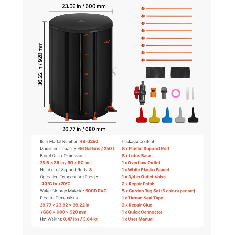 Taitettava sadevesisäiliö 250 l 500D PVC 8 tukitangolla akryylimittarilla verkkokannella