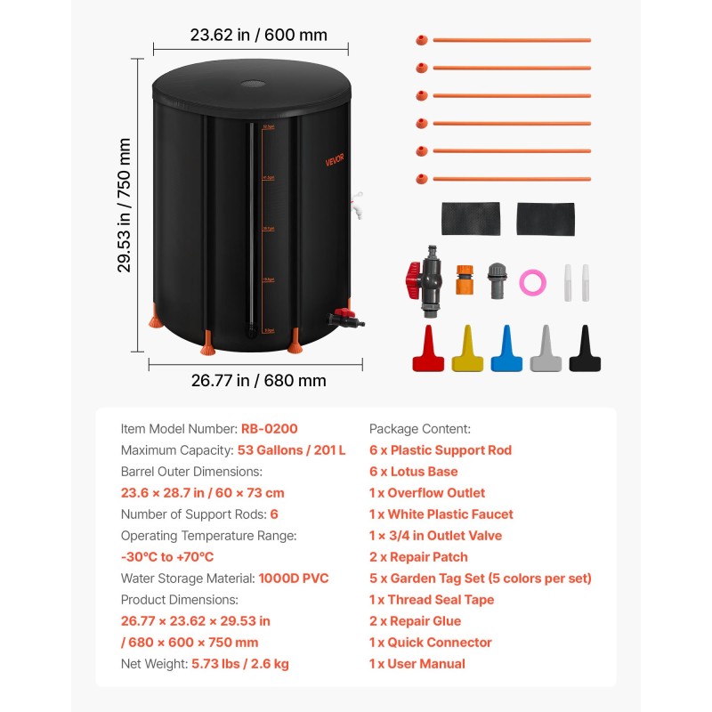 Taitettava sadevesitynnyri 201 litraa PVC-muovi hana verkkokansi tukitangot puutarhaan