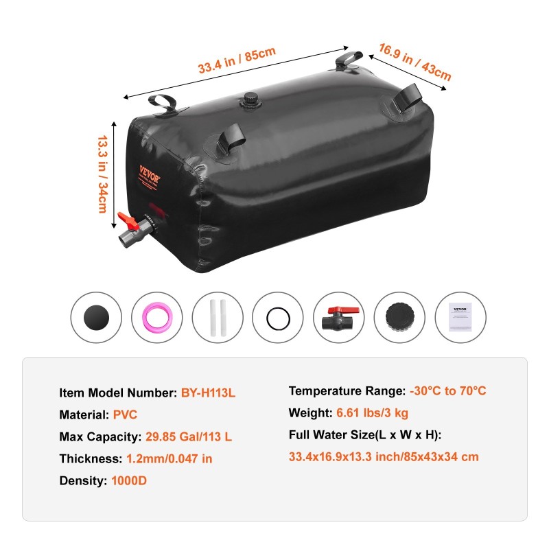 Taitettava PVC-vesisäiliö 113,2 l 1000D sadeveden keräykseen ja hätävesivarastoksi