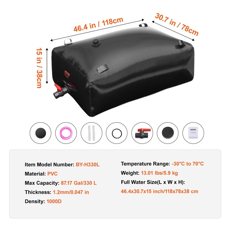 Taitettava vesipussi 330 l PVC-materiaali 1,2 mm sadeveden keräykseen