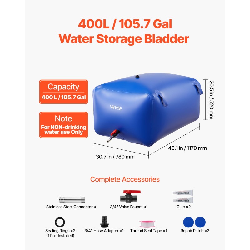 Säkkimallinen vesisäiliö 400 l PVC 1000D taittuva vuototiivis ruostumattomilla liittimillä