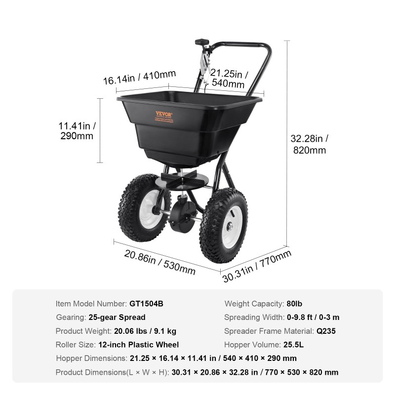 Työnnettävä sirottelija 25,5 litran säiliöllä hiiliteräsrunko 12 tuumaiset kumipyörät 25 säätöasetusta