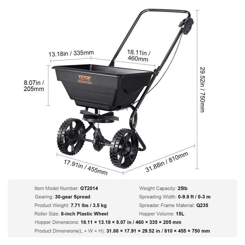 Kävelyä seuraava nurmikon levitin hiiliteräsrunko 15l 8-tuumaiset pyörät 30-portainen säätö