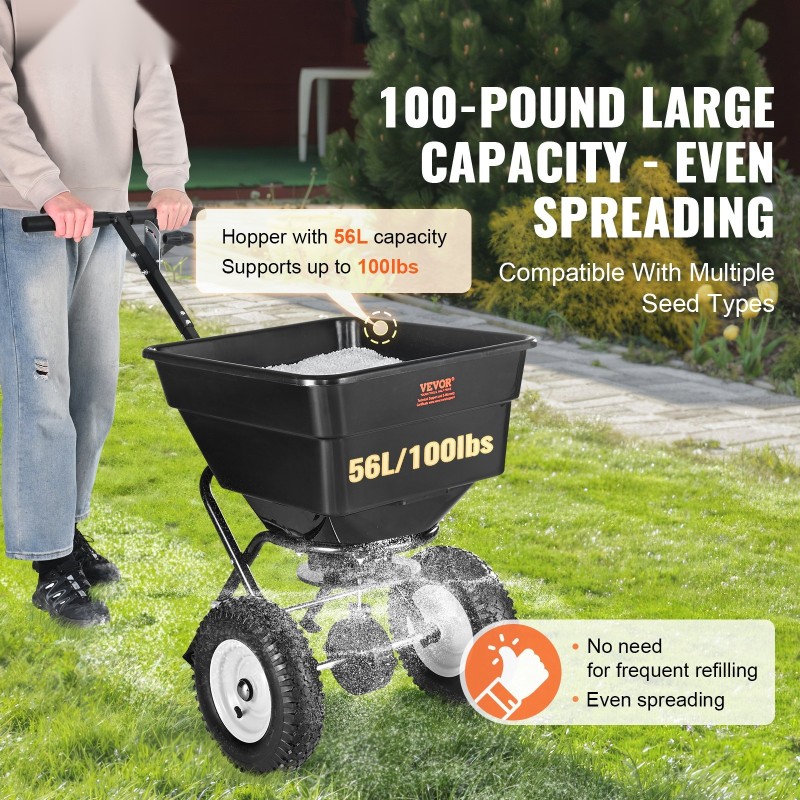 Työnnettävä levitin hiiliteräsrunko 56 l säiliö 45,4 kg kantavuus 30,5 cm pyörillä