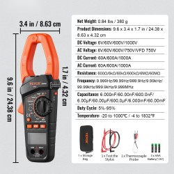 T-RMS digitaalinen pihdimittari vaihtovirta ja tasavirta 1000A 6000 lukemaa