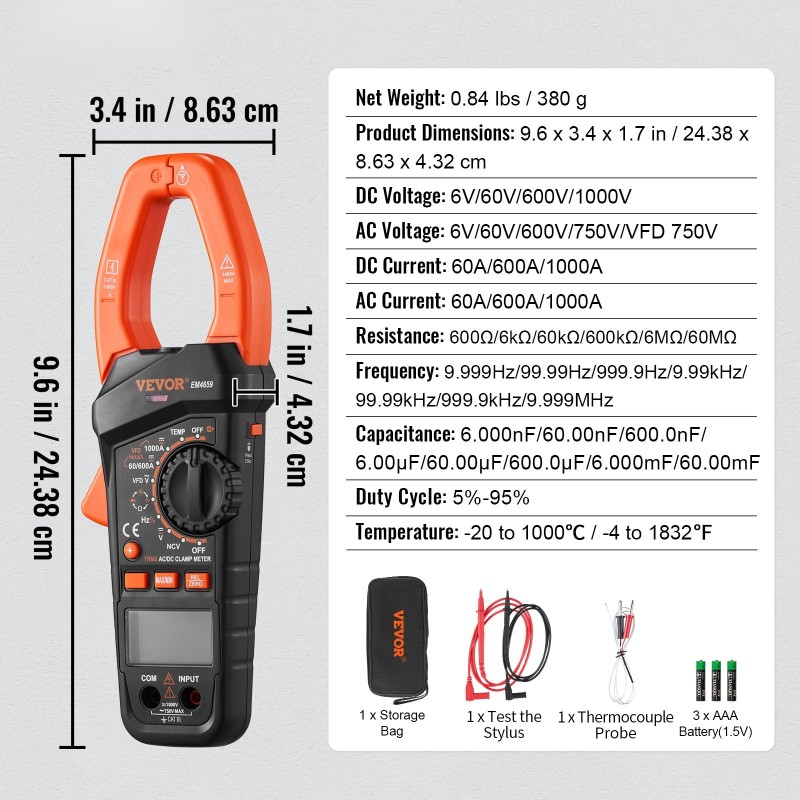 T-RMS digitaalinen pihdimittari vaihtovirta ja tasavirta 1000A 6000 lukemaa