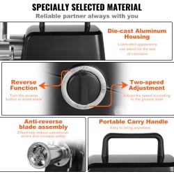 Sähköinen lihamylly valualumiinirunko 575 wattia 190 kilogrammaa tunnissa 2 terää 3 jauhatuslevyä