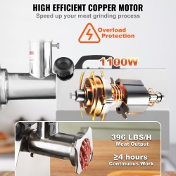 Sähköinen lihamylly ruostumatonta terästä 1100 W jopa 360,7 kilogrammaa tunnissa ammattikäyttöön