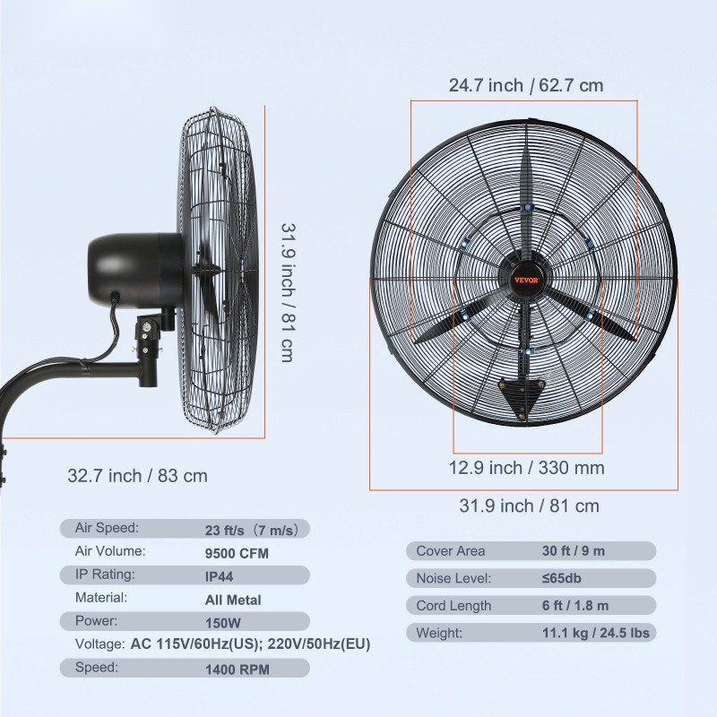 Sumutustuuletin 74,9 cm vedenkestävä täysmetallinen runko 3 nopeutta varastoihin ja kasvihuoneisiin