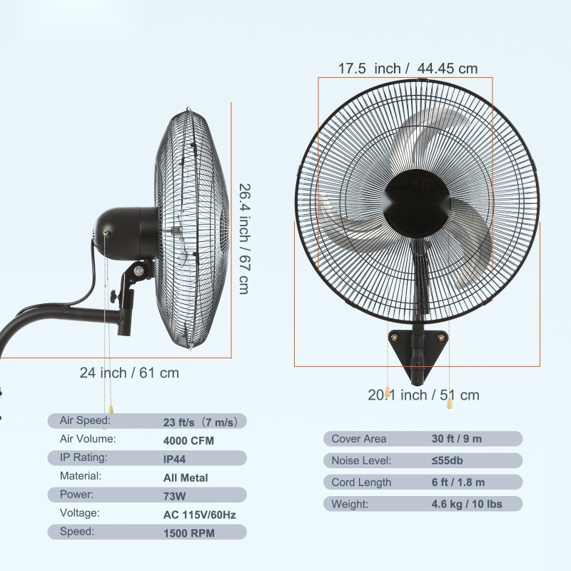 Seinäkiinnitteinen täysmetallinen tuuletin 44 senttimetrin 3 nopeutta musta kotiin ja teollisuuteen