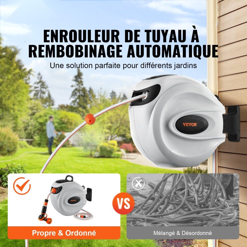 Seinään kiinnitettävä sisäänkelautuva puutarhaletkukela 35 m 12 mm 180 asteen kääntyvä