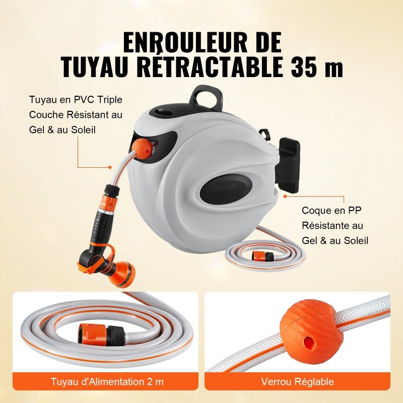 Seinään kiinnitettävä sisäänkelautuva puutarhaletkukela 35 m 12 mm 180 asteen kääntyvä