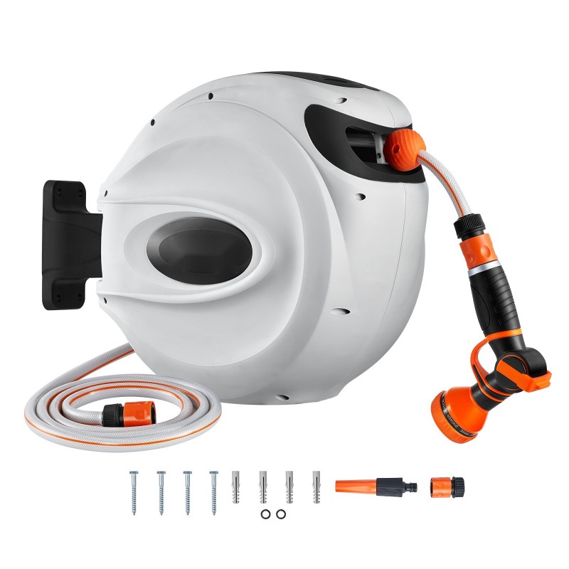 Seinään kiinnitettävä sisäänkelautuva puutarhaletkukela 35 m 12 mm 180 asteen kääntyvä