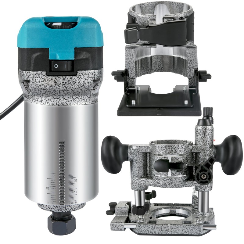 Puujyrsin 710 watin alumiiniseosrunko kallistettava ja upotettava pohja kolmella holkilla