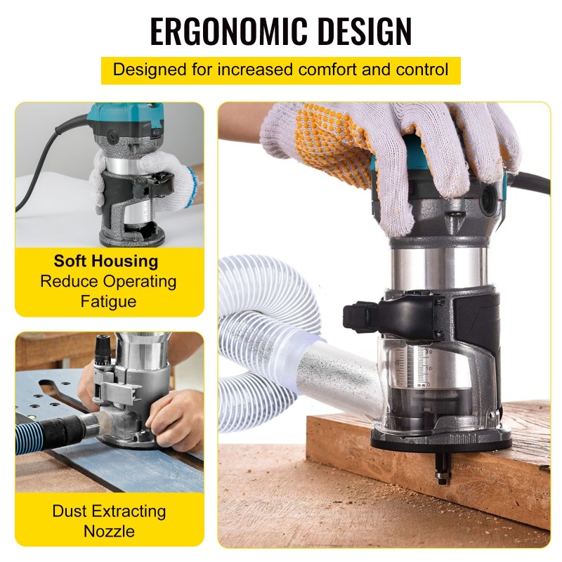 Puujyrsin alumiiniseosrunko 710W kiinteällä alustalla 3 istukkaa 13000–33000 r/min