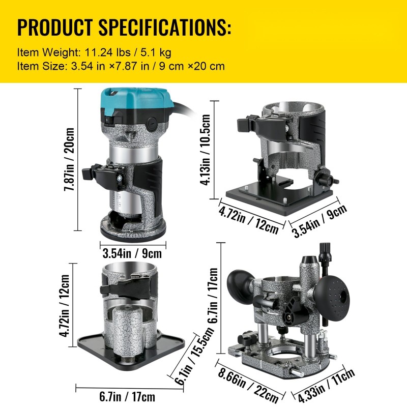 Puujyrsin alumiiniseosrunko 710 W neljällä pohjalla säädettävä nopeus