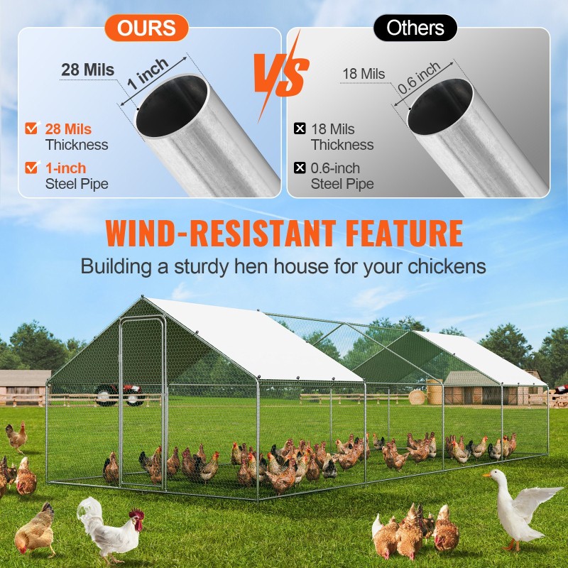 Metallinen käveltävä kanatarha sinkityistä teräsputkista PE-katoksella 3 x 7,83 x 1,99 m