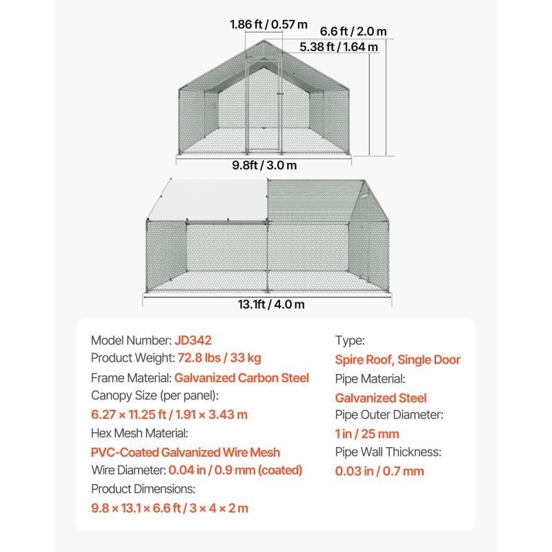 Metallinen käveltävä kanatarha galvanoiduista teräsputkista 3 x 6 x 2 m pressukatoksella