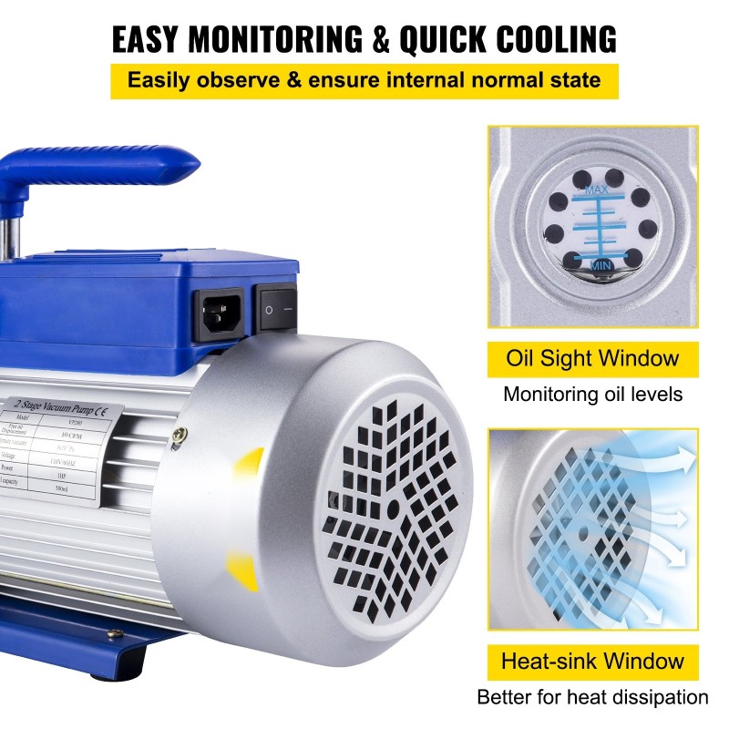 Kaksivaiheinen tyhjiöpumppu 10 CFM 1 hv alumiinirunkoinen ilmastointohuoltoon