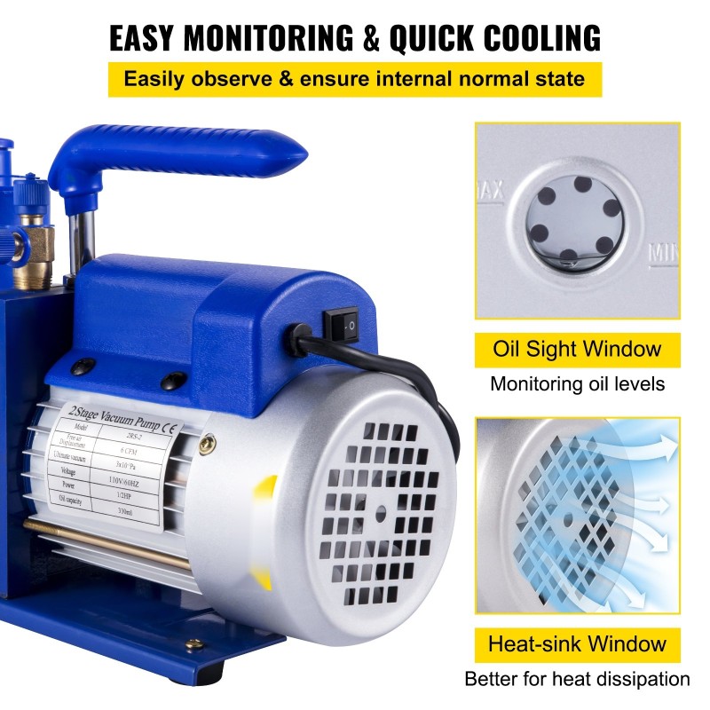 Kaksivaiheinen kylmäainevakuumipumppu 170 litraa minuutissa 0,5 hevosvoimaa alumiinirunko 250 millilitran öljytilavuus